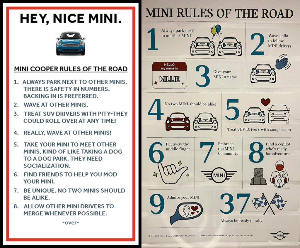 Two MINI car posters of the Rules of the Road.