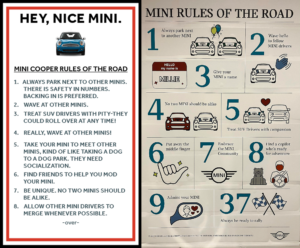 Two MINI car posters of the Rules of the Road.