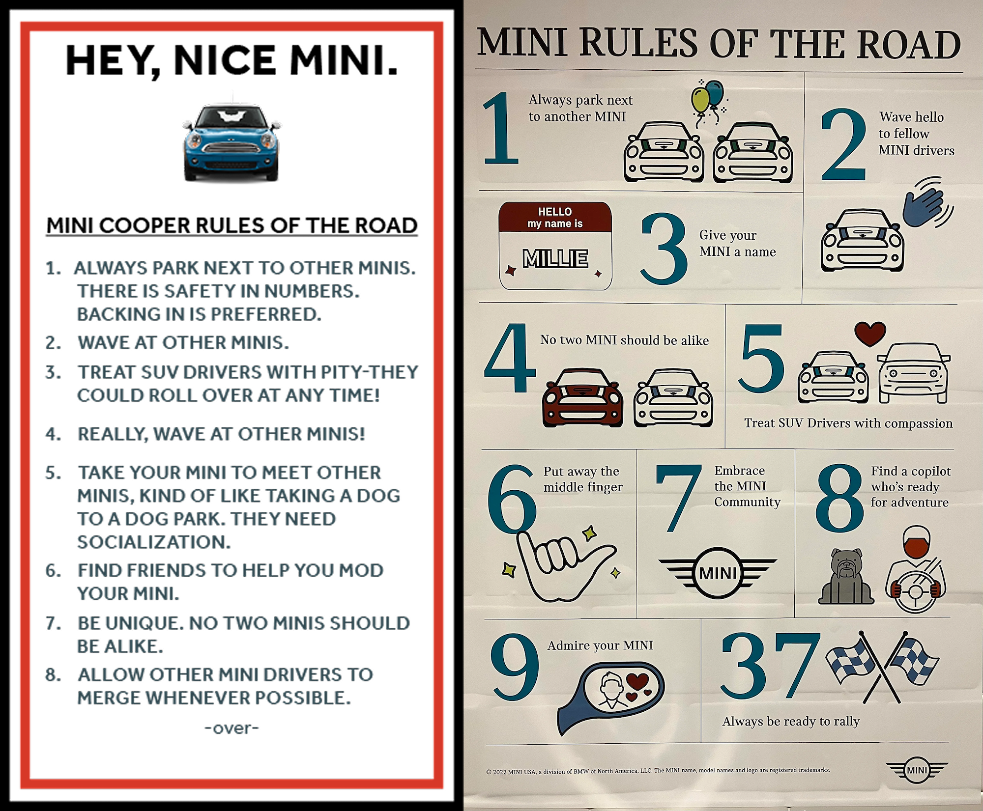 Two MINI car posters of the Rules of the Road.